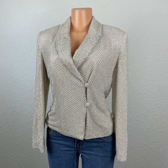 Rickie Freeman Vintage 80s Saks Fifth Avenue Fully Beaded White Sparkly Blazer - Picture 4 of 8